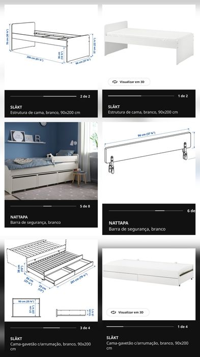 Bicama IKEA SLÄKT 90x200 cm + 2 Gavetões + Barra de Segurança | Excelente Estado