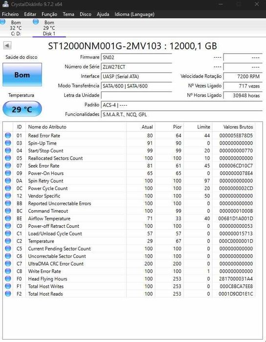 Seagate Exos X16 12TB 3.5" SATA III 7200 RPM – Saúde 100% OK (NAS / Server)