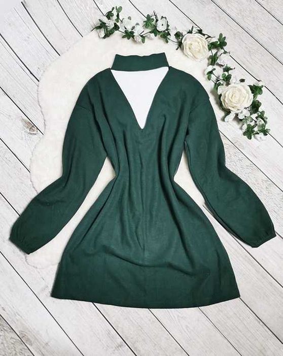 Asos Zielona Sukienka Dzianinowa Sweter Choker Boho Retro Oversize