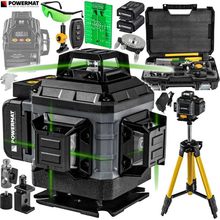 POWERMAT Poziomica Laserowa Laser Krzyżowy Zielony 4D 360° PM1493