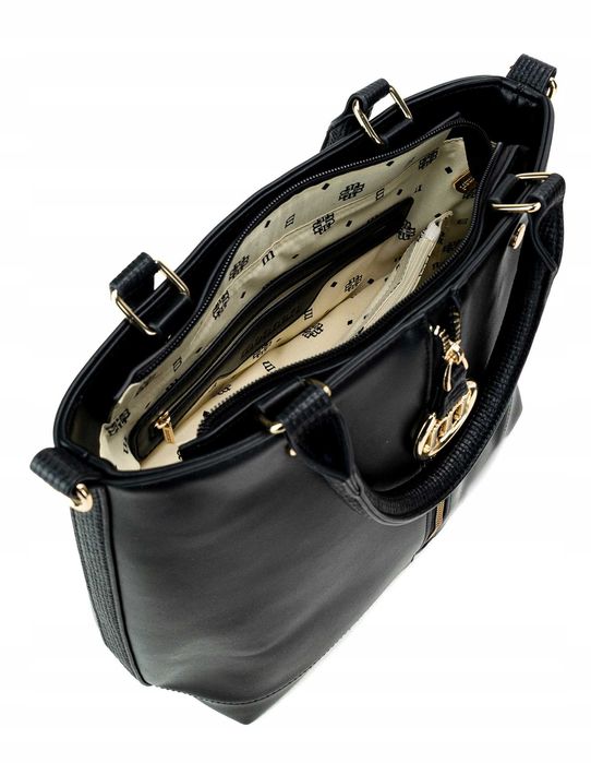 Monnari Klasyczna Torebka Damska Shopper Na Ramię Czarna Skórzana Logo