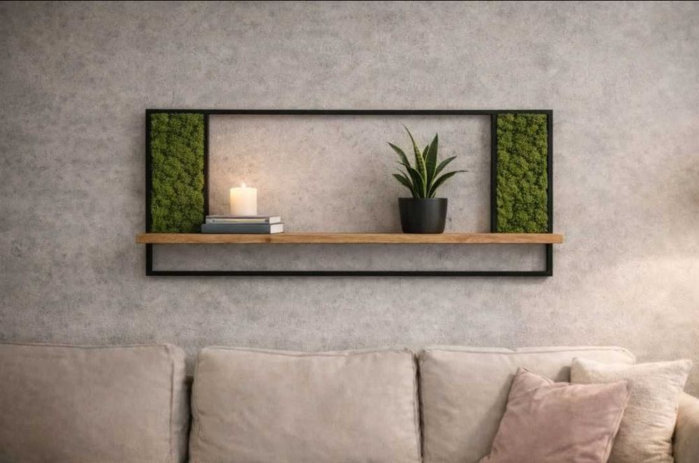 Kwietnik półka loft z mchem-ręcznie wykonana stal, drewno, mech 120x50