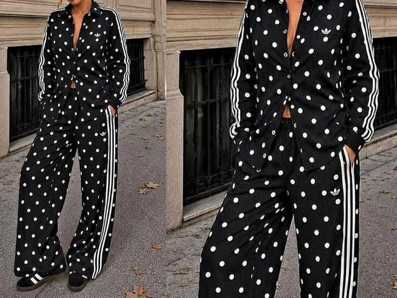 Modny set nowy dres komplet w kropki groszki koszula paski + spodnie