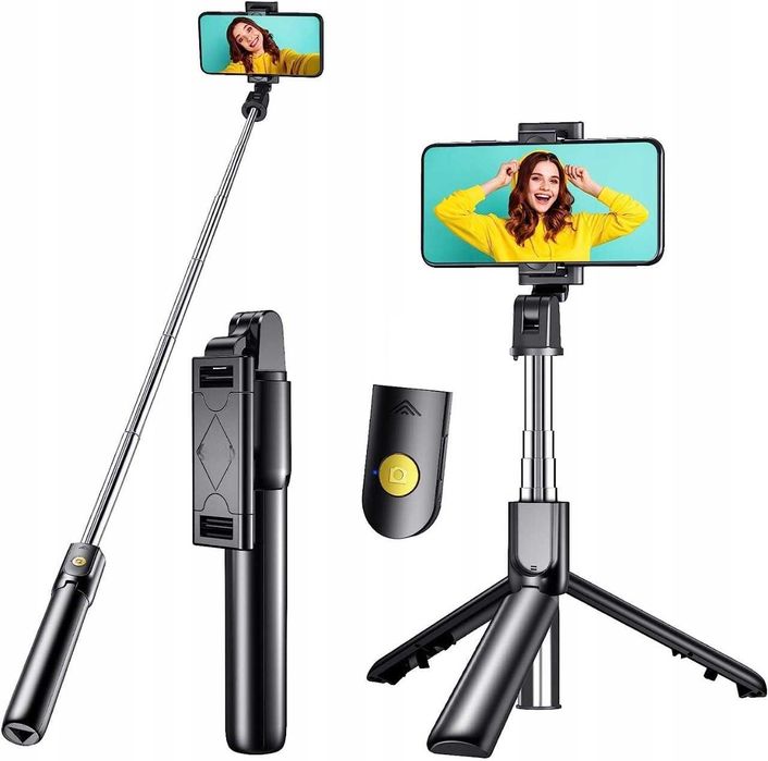 Selfie Stick Statyw 3w1 Metalowy Czarny Pilot Bluetooth turystyczny