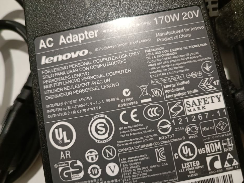 Nowy Oryginalny zasilacz Lenovo 20V 8,5A 170W wtyk 7,8x5,4mm +pin