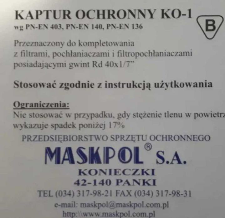 Maska z kapturem ochronnym KO-1