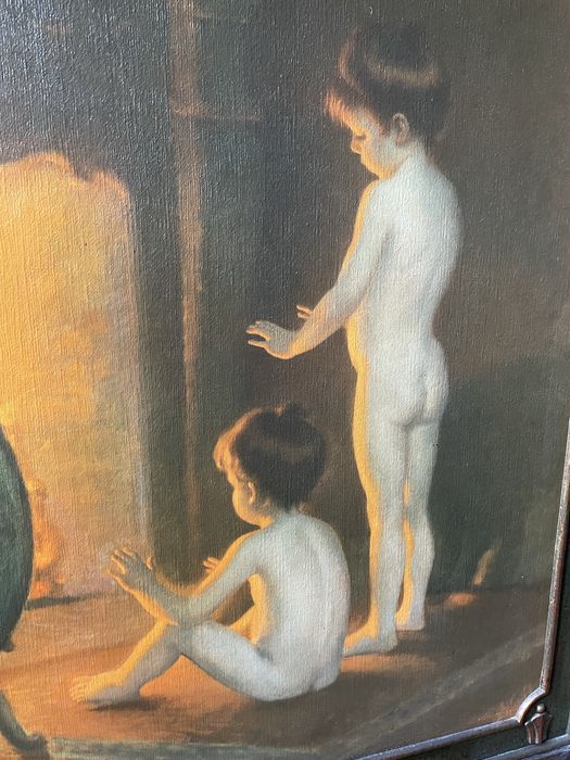 Quadro antigo das meninas à lareira