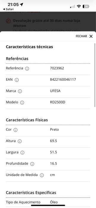 Aquecedor UFESA RD2500D 2500W com wi-fi - novo custa 189€