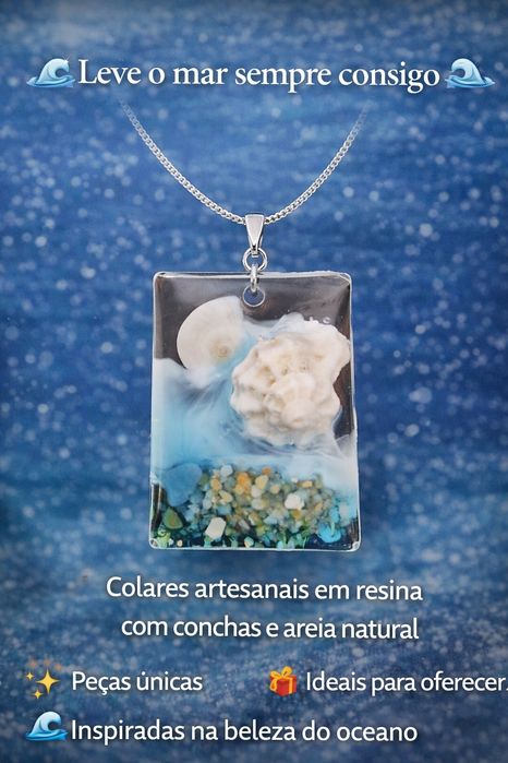 Pendentes artesanais feitos em resina com areia e conchas naturais.