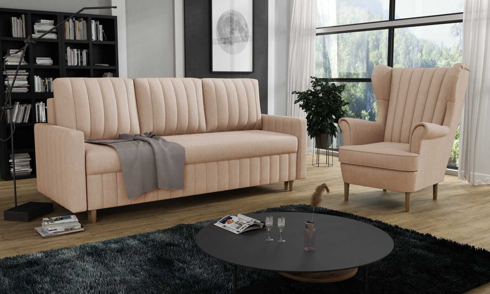 Zestaw komplet wypoczynkowy kanapa Malmo i fotel Uszak. Wersalka, sofa
