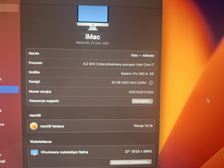 iMac 27" 2017, 5k, Intel i7 4,2 GHz, 32Gb RAM, SSD 1,1 Tb, Pro 580 8Gb