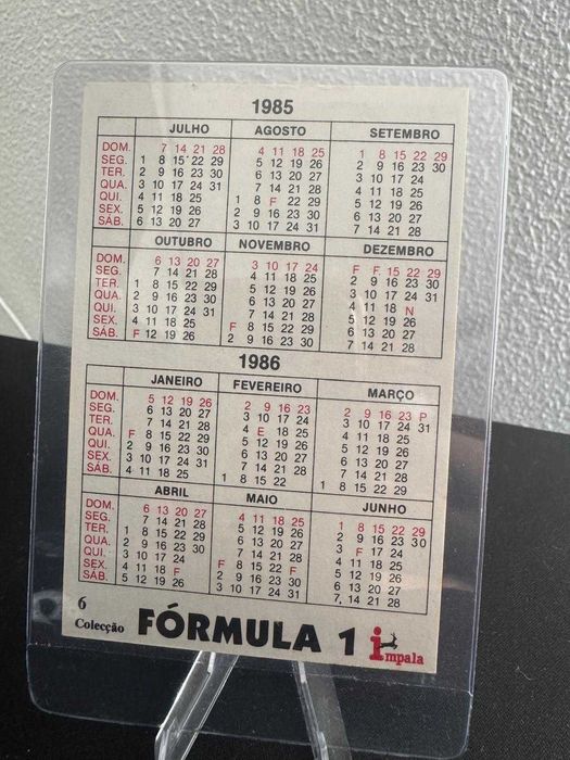 1986 Ayrton Senna Lotus F1 Grand Prix World Drivers Champ Carta Calendário Portuguesa