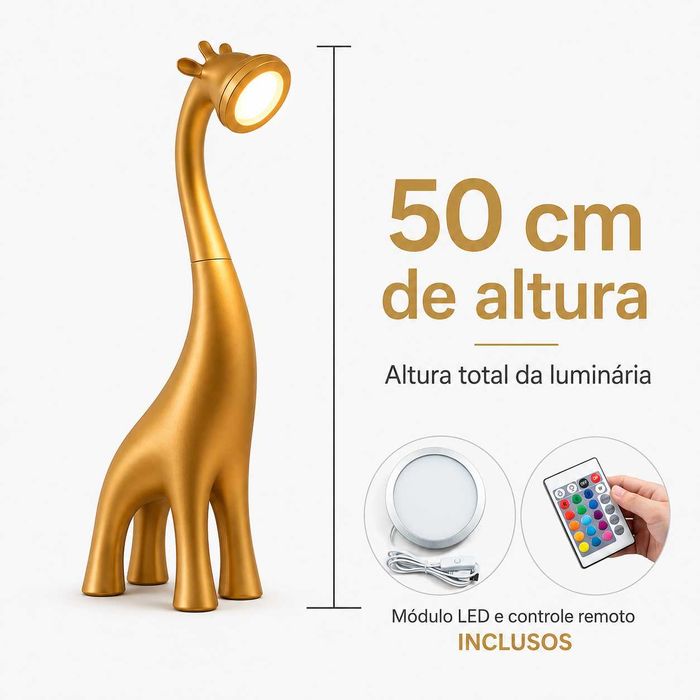 Candeeiro Girafa LED 50cm com Comando – 16 Cores | Gold, Preto ou Branco