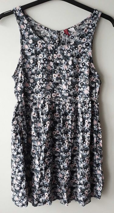 Szara bluzka tunika kwiaty kwiatki floral 36 S H&M rozkloszowana