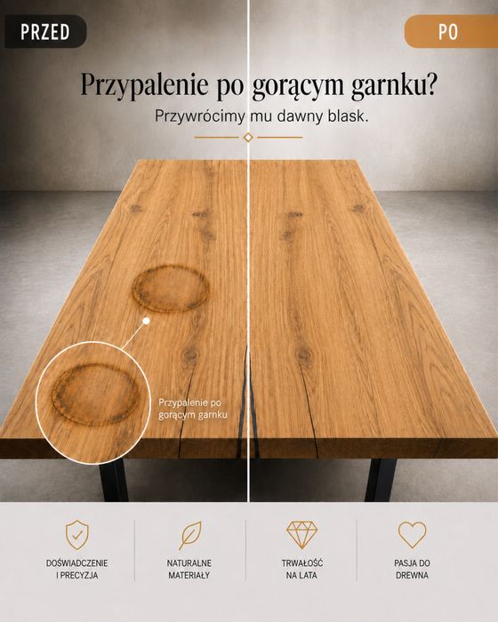 Stół dębowy z litego drewna — nowe wykończenie / renowacja