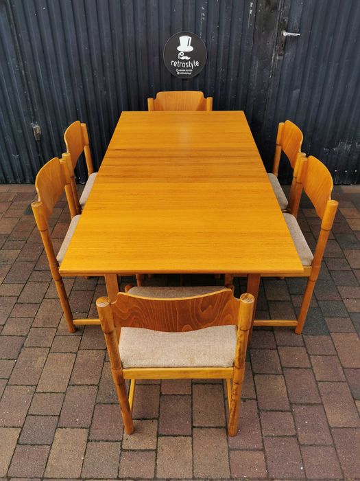 Stół + 6x krzesło- styl skandynawski, Czechosłowacja '70 Design, PRL