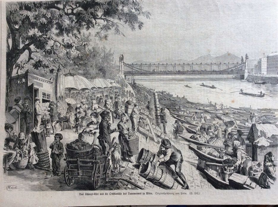 Mercado de frutas em Viena, junto ao rio Danubio. Litogr.  século XIX