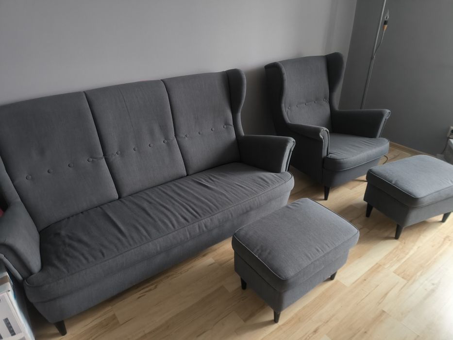 Zestaw Ikea Strandmon szary sofa kanapa fotel uszak podnóżki