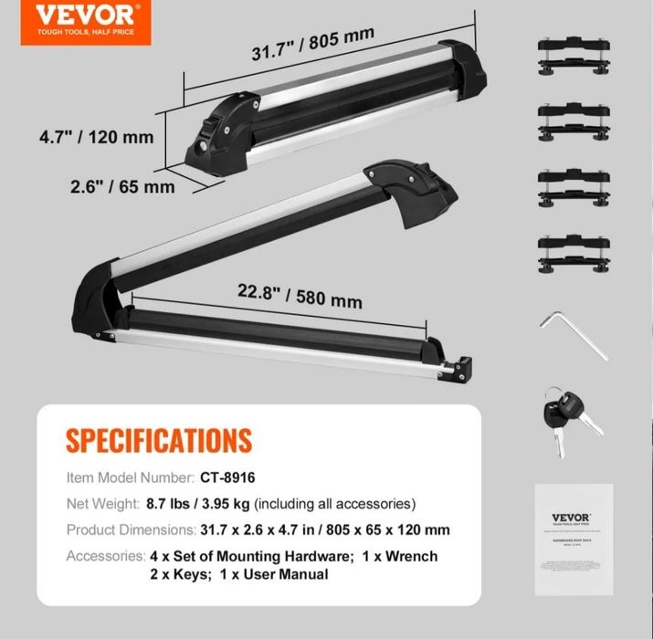 Suporte para esquis e pranchas de snowboard VEVOR, rack universal de teto para carros de 31,7 polegadas, compatível com a maioria das barras