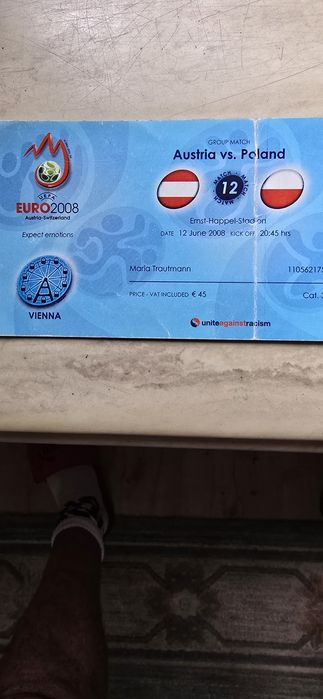 Kolekcjonerski bilet z meczu Austria-Polska na Euro 2008r.