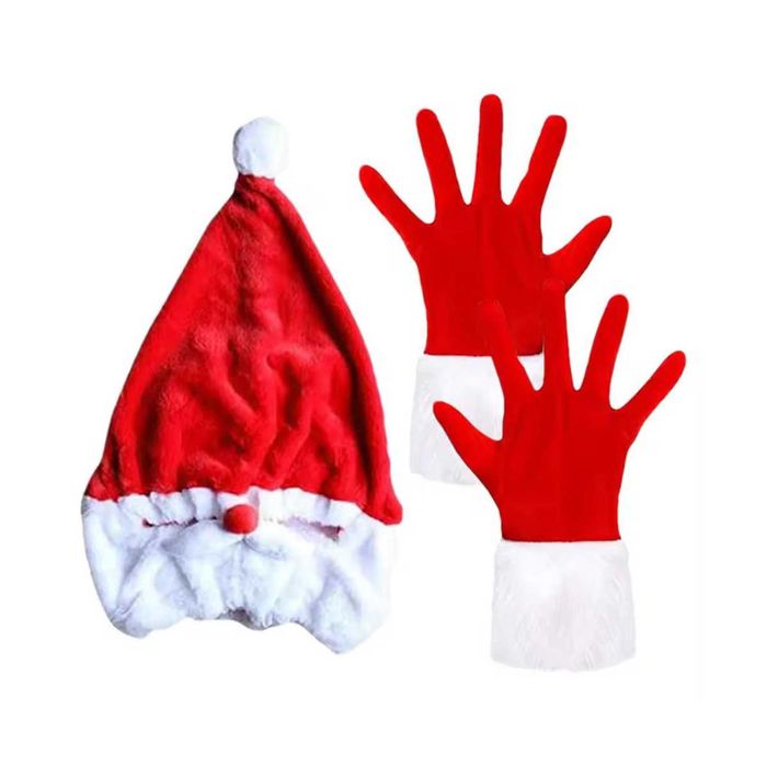 Gorro de Pai Natal com barba capacete tamanho único par de luvas