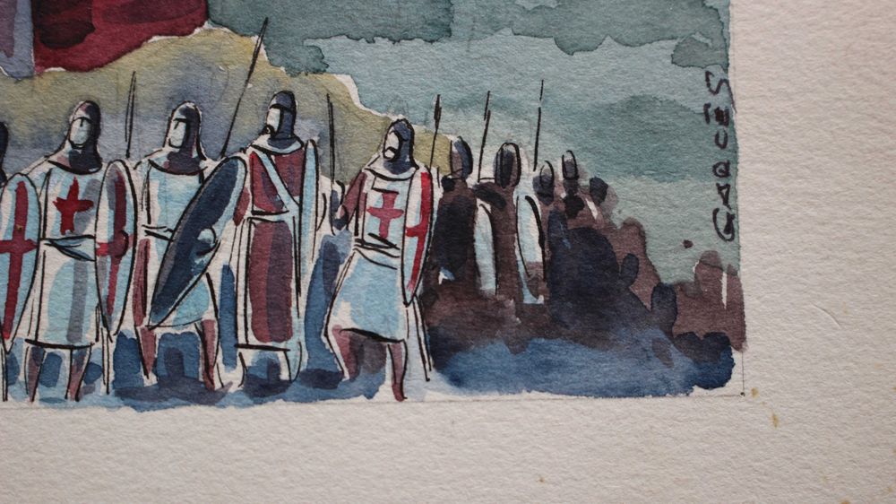 CONQUISTA DE SANTARÉM de JOSÉ GARCÊS, AGUARELA ORIGINAL Tomar (São João