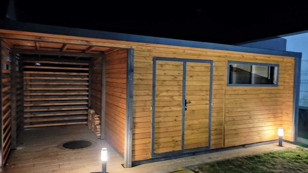 %RATY% Nowoczesny domek narzędziowy z drewutnia zadaszeniem