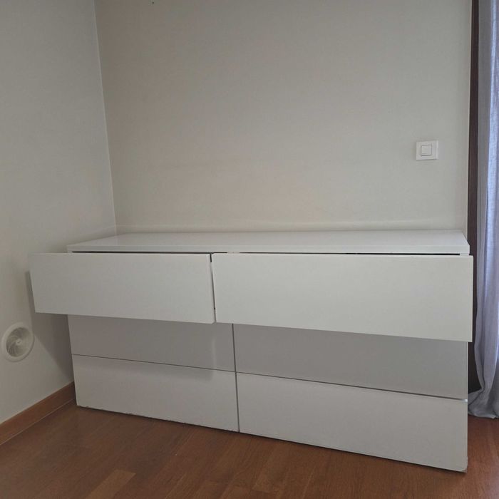 Cómoda Branca, 6 gavetas 180X54X83 + Mesa cabeceira branca 60x44x46