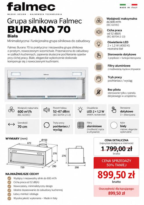 Nowy Okap podszafkowy Falmec Burano 70 WH - sklep 1799zł białe szkło