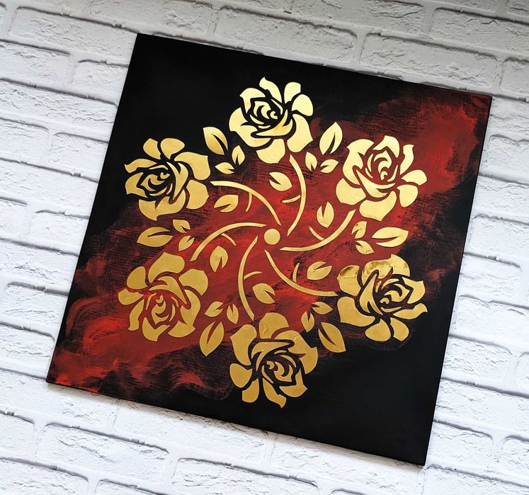 Картина золотая роза, панно из металла, зеркальное панно, арт металл