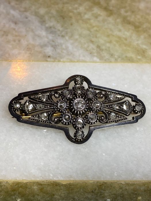 Alfinete Ouro Prata Diamantes Contrastado séc XIX 4 cm