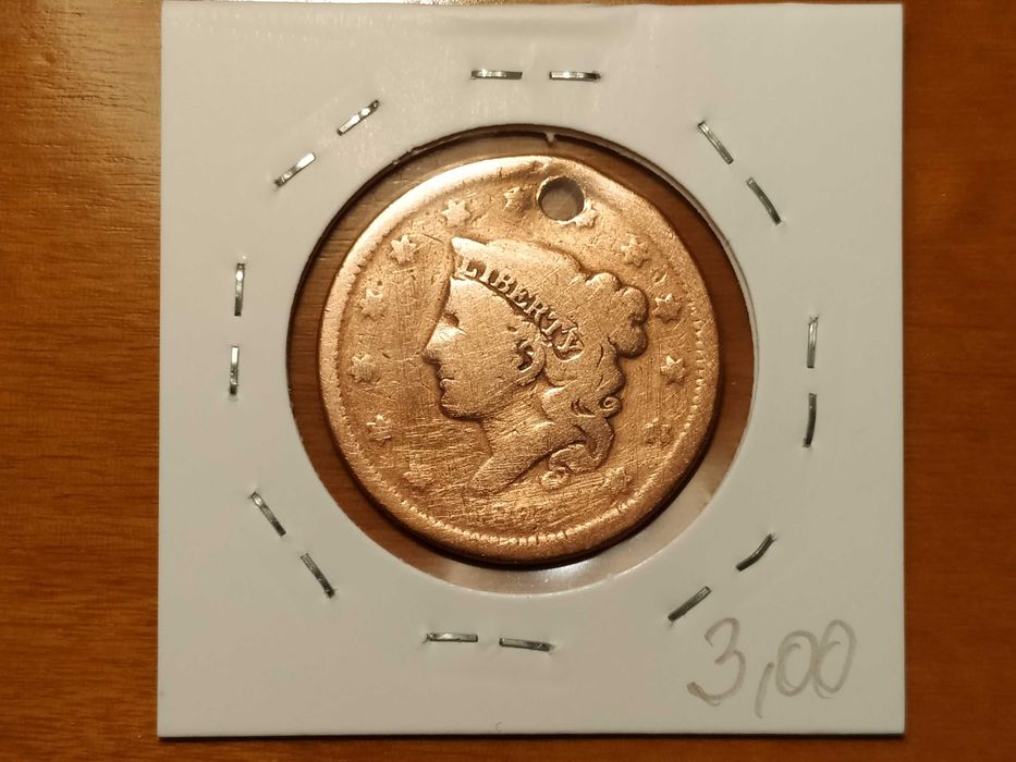 EUA - moeda de 1 cêntimo de 1837 (com furo)