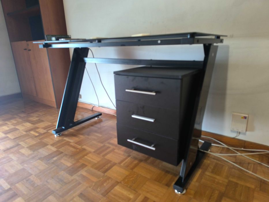 Secretária Moderna em Vidro Temperado Preto + Bloco 3 Gaveta