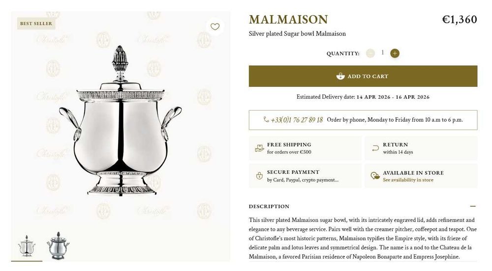 Christofle serviço chá e café 'Malmaison' em casquinha de prata / bule