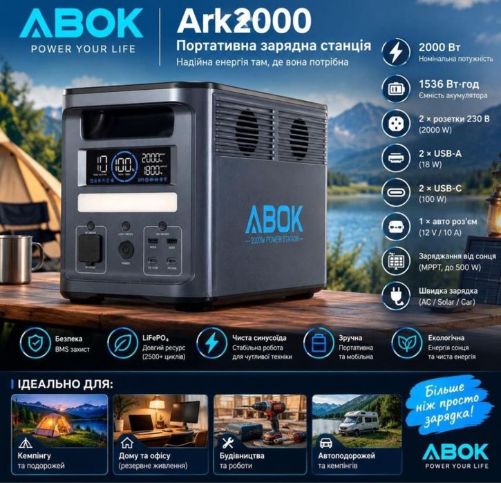 В наявності ABOK Ark2000 Портативна зарядна станція 2000Вт 1536Вт год нова
