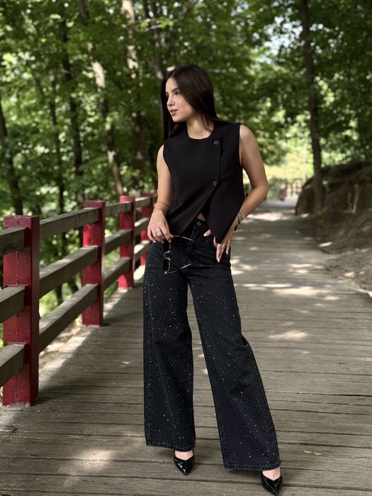 Жіночі чорні джинси wide leg зі стразами | 100% котон | Коростень