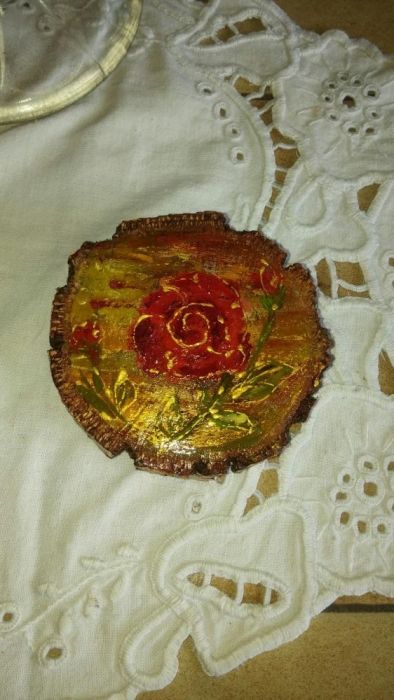 Ręcznie malowane na drewnie obrazki rękodzieło brzoza róża liście