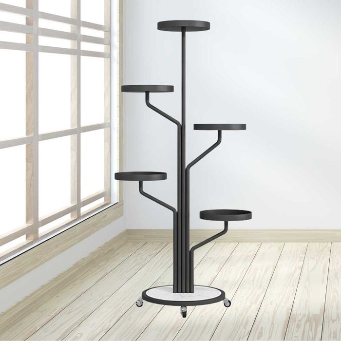 Metalowy kwietnik z 5 półkami na kółkach, czarny, okrągłe talerze