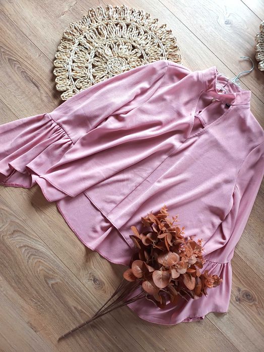 jasnoróżowa pudrowa pudrowy róż bluzka koszula z długim rękawem 44XXL