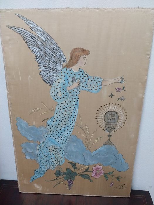 Pintura de Anjo e cálice sobre seda