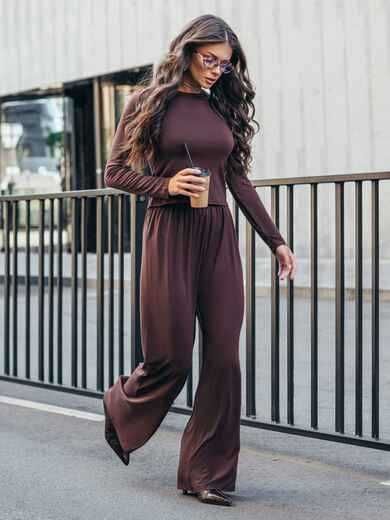 Брючный костюм коричневого цвета с лонгсливом