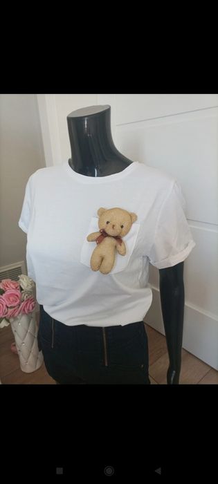 Biały T-shirt z białym misiem Bluoltre S/M