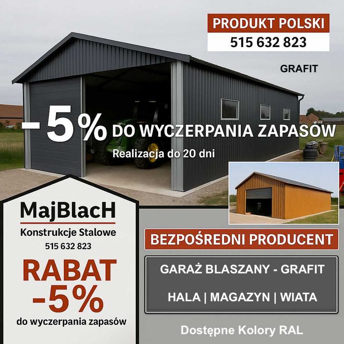 GRAFITOWA Hala - Wiata | Garaż Blaszany| RABAT | PRODUCENT Maj-Blach