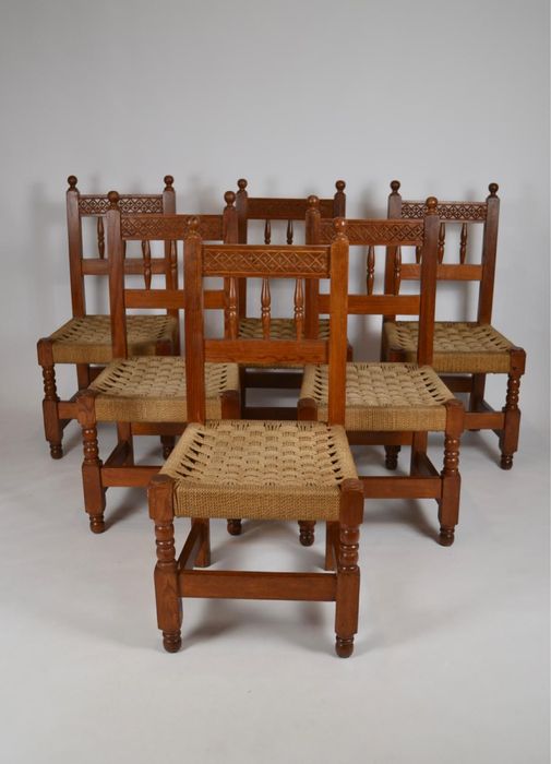 Conjunto de 6 cadeiras em corda e madeira