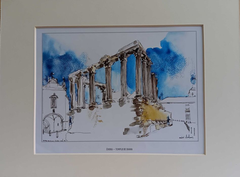 Évora em litografia de aguarela de Mário Linhares