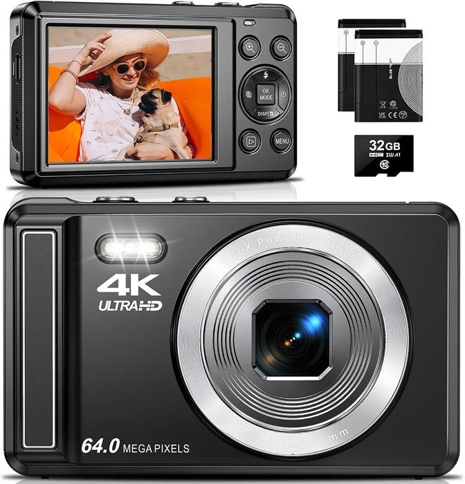 Aparat cyfrowy 4K, 64-megapikselowe aparaty kompaktowe UHD 2,8" – kamera do vlogowania z autofokusem i możliwością ładowania