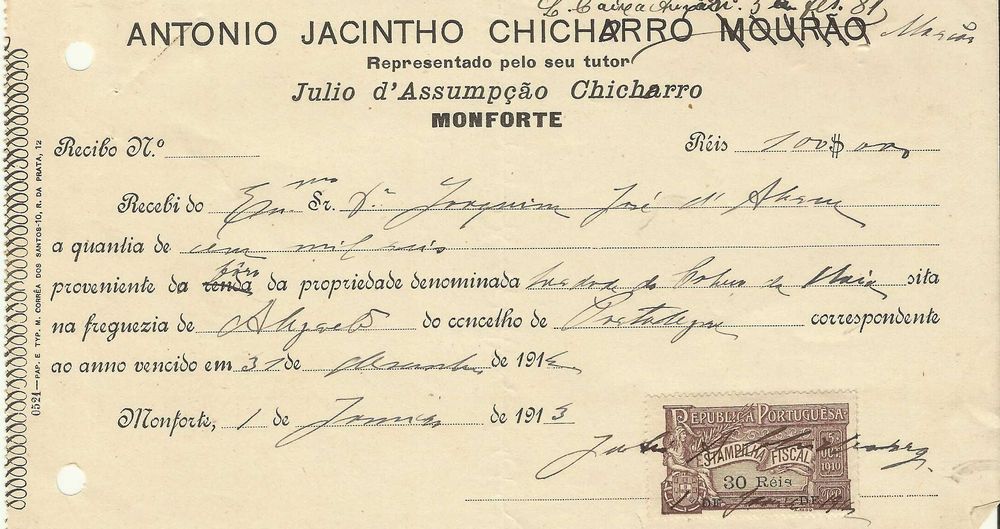 RECIBO antigo 1913 - Monforte - selo fiscal