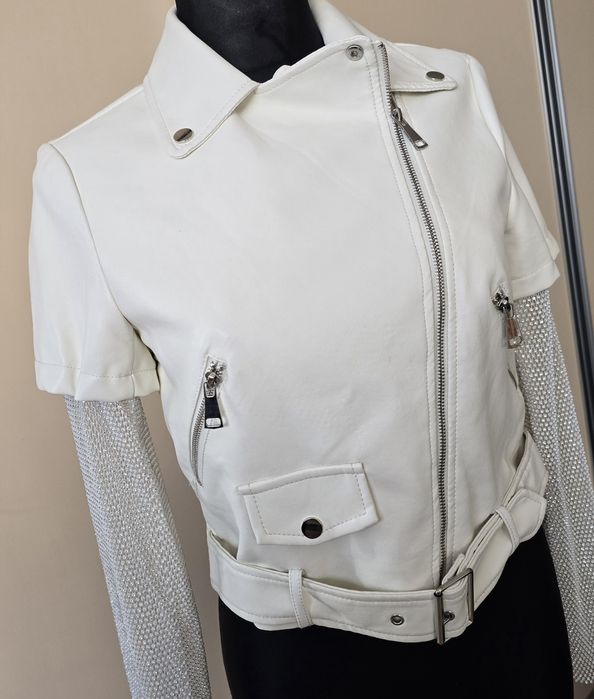 Damska kurtka ramoneska eko skóra ecru  siateczkowe rękawy S/M