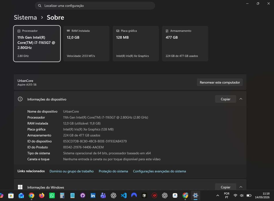 Notebook Acer Aspire A315-58 – i7 / 12GB RAM / 512GB SSD
