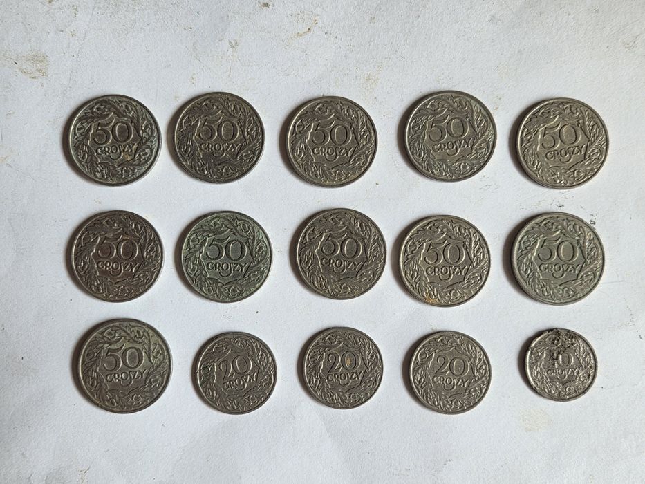 Polskie przedwojenne monety 10, 20 i 50 gr (1923) 15 sztuk